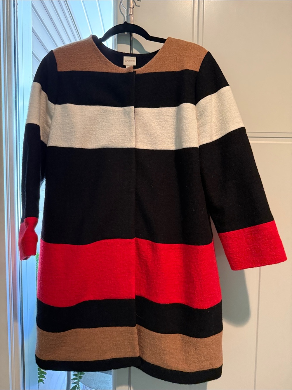Chico's Colorblock Long Coat in Black, Red, White, and Brown